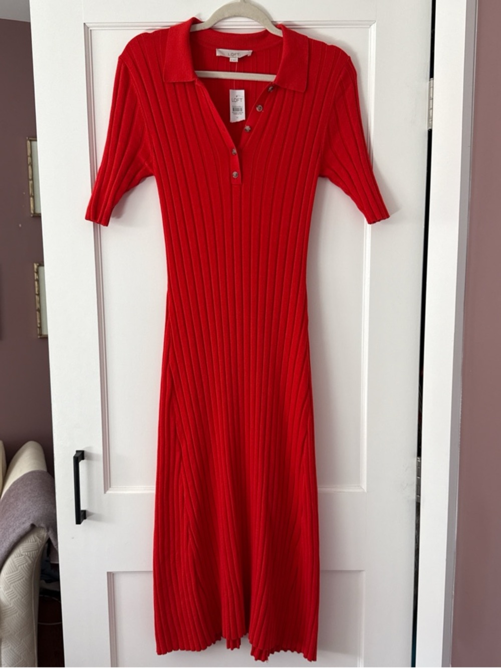 LOFT Bright Red Ribbed Polo Midi Dress